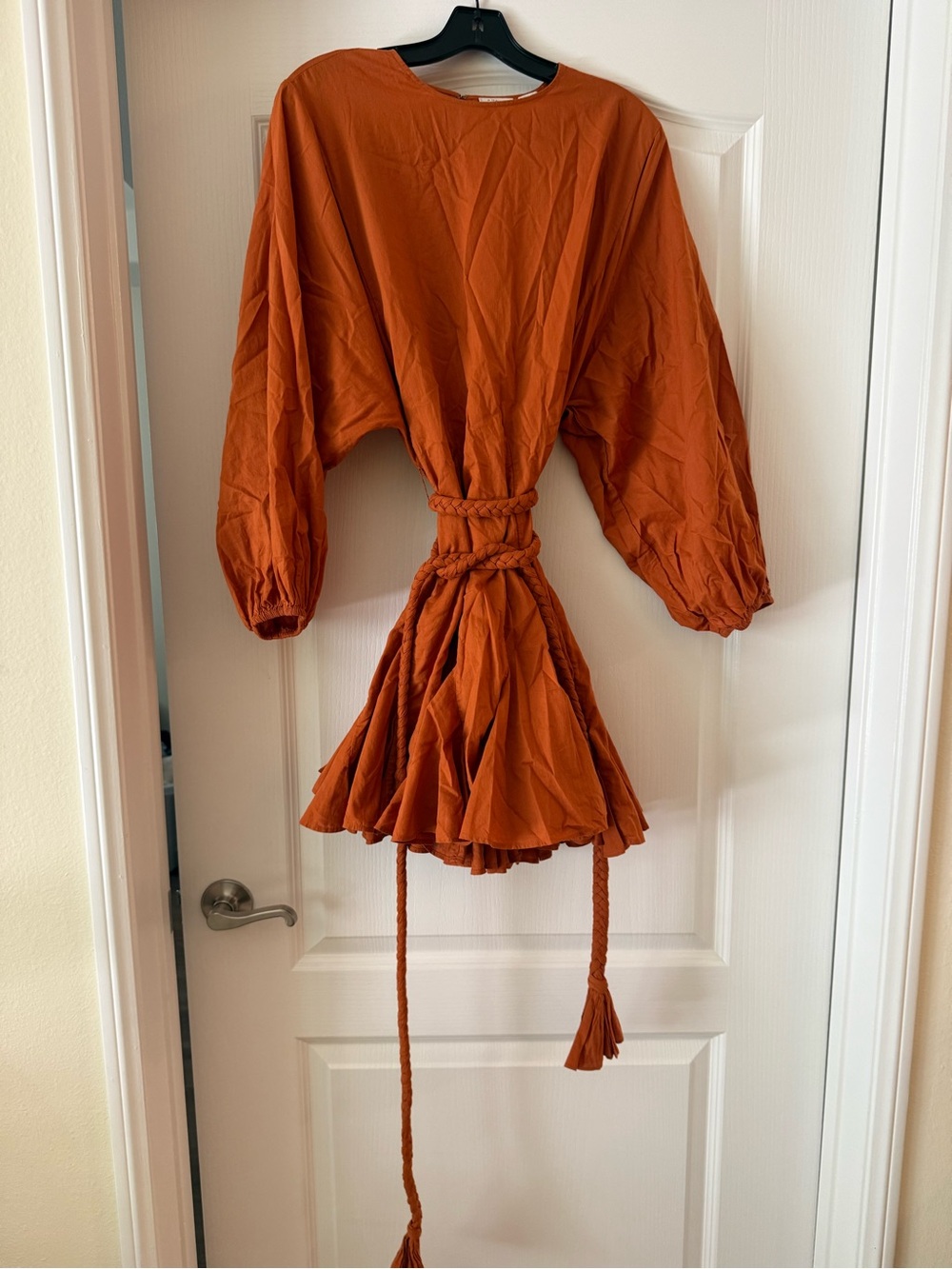 RHODE Rust Orange Long-Sleeve Braided-Waist Mini Dress